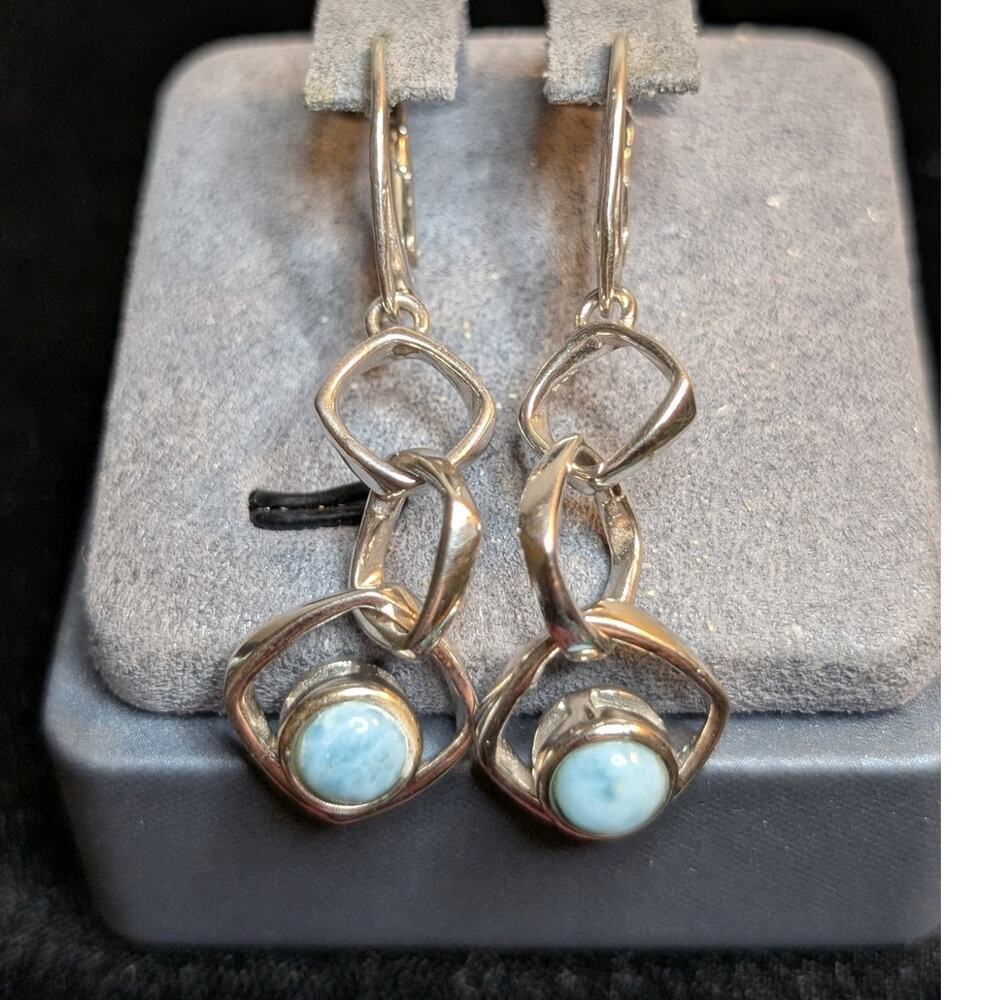 925 Sterling Silver Loopy Dangle Leverback Larimar Stone Earrings